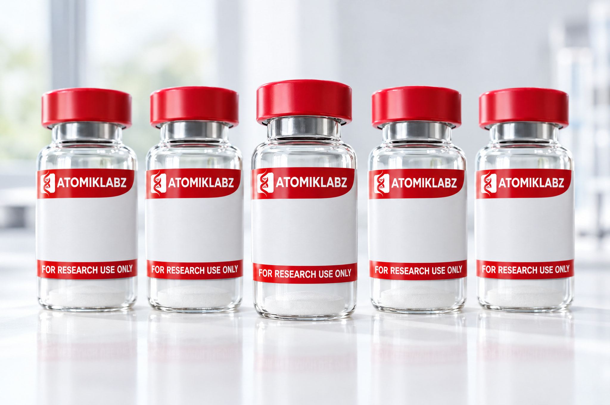 Lyophilized vials with Atomik Labz brand-colored caps