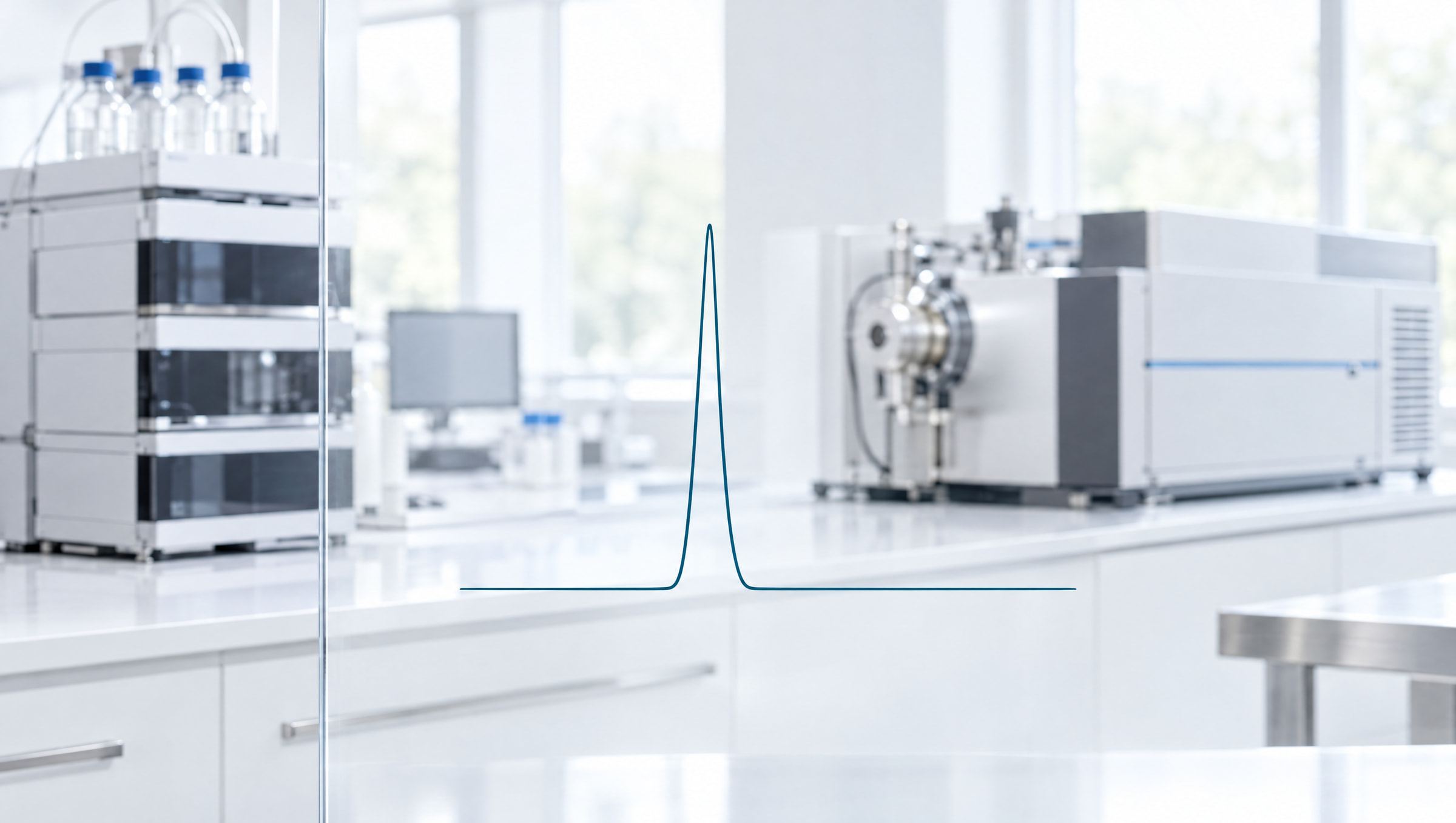 An HPLC system and a mass spectrometer in a dark laboratory with a single glowing chromatogram peak in the foreground