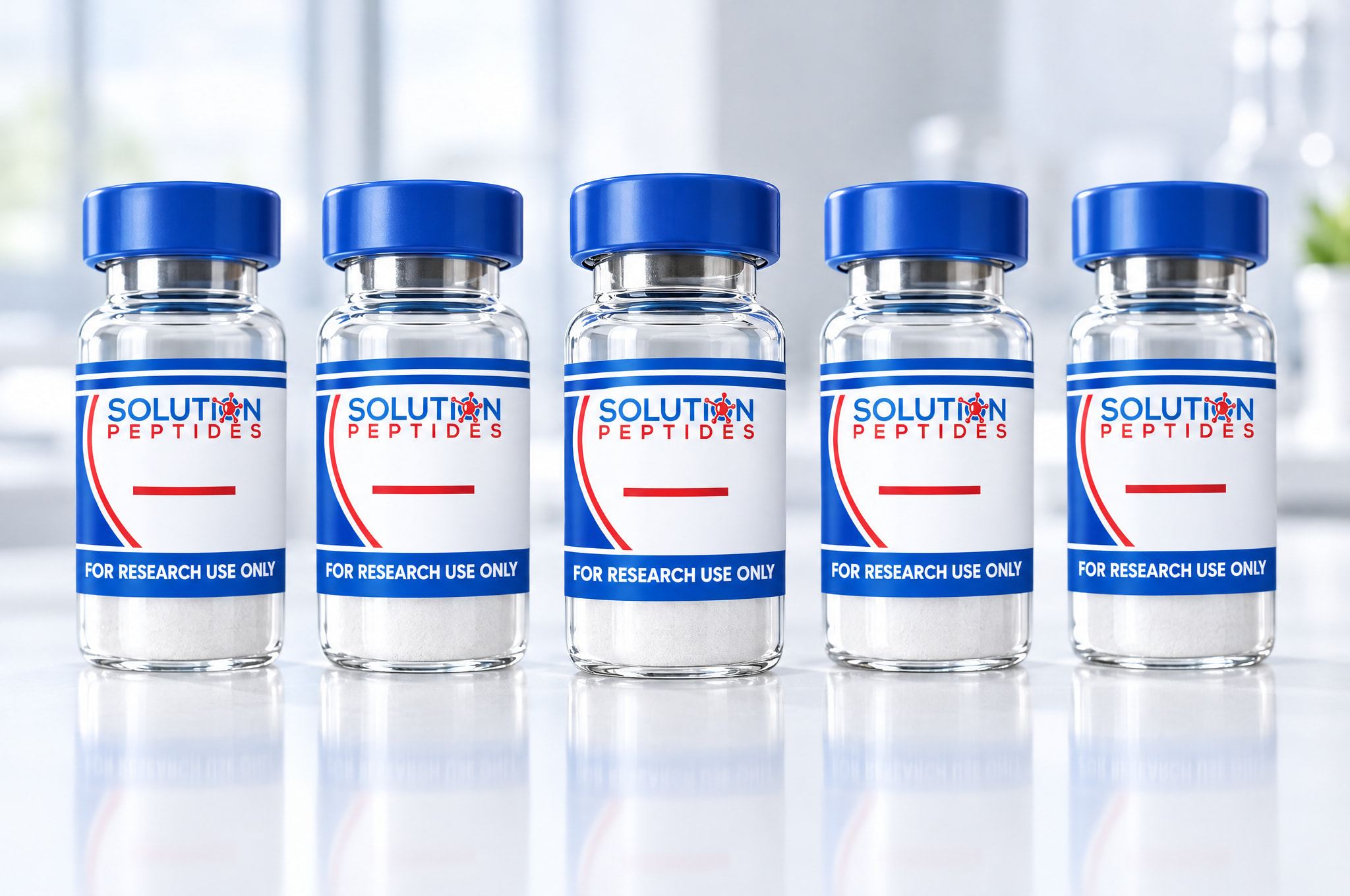 Lyophilized vials with Solution Peptides brand-colored caps